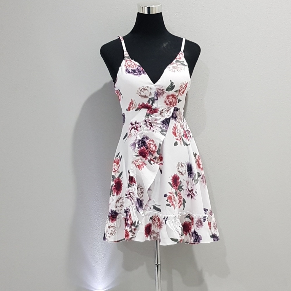 White Floral Tie Back Ruffle Dress New!